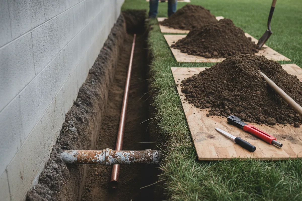 Excavated water line trench during Sewer Line Repair in Cosby